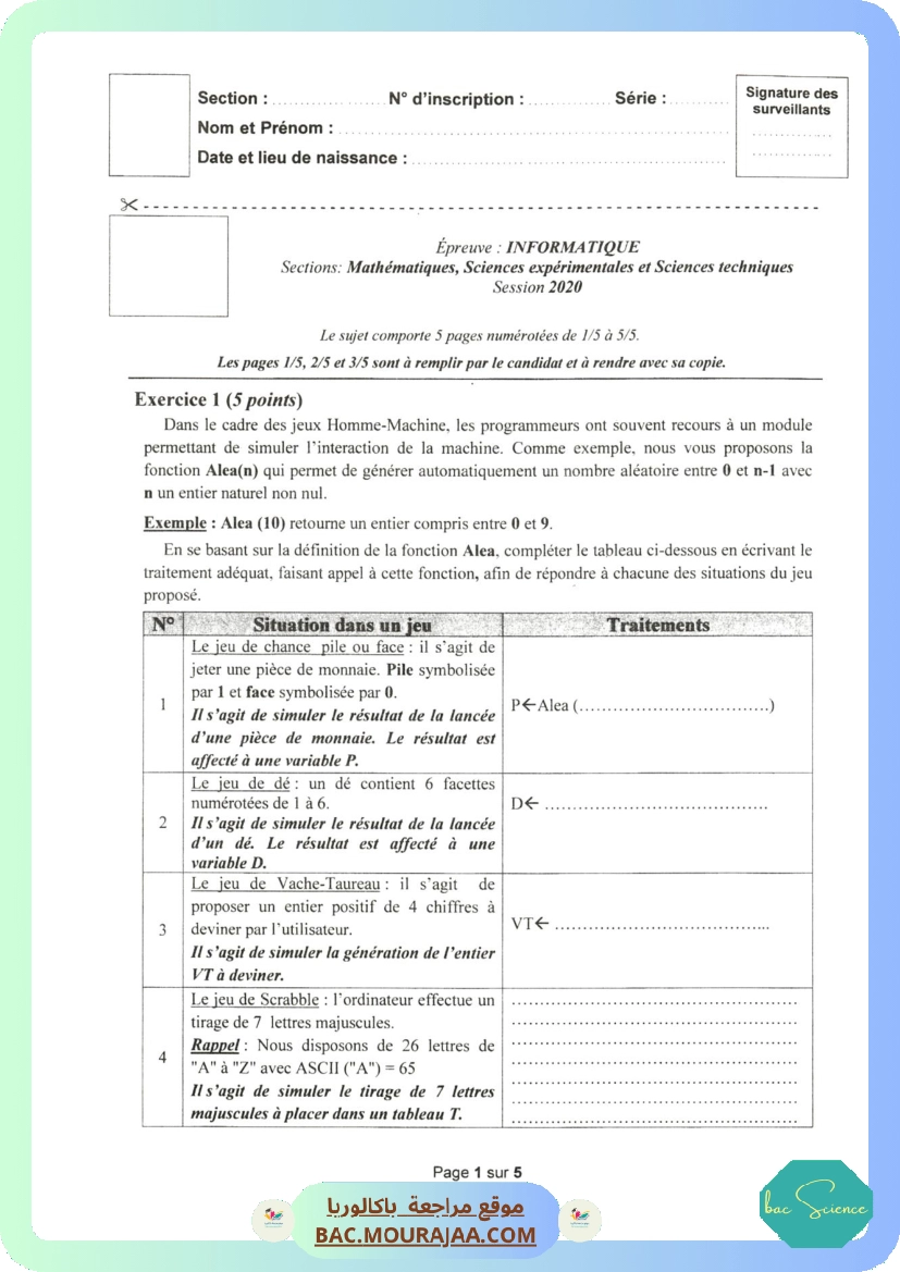 Sujet principale info Bac 2020 – Section science